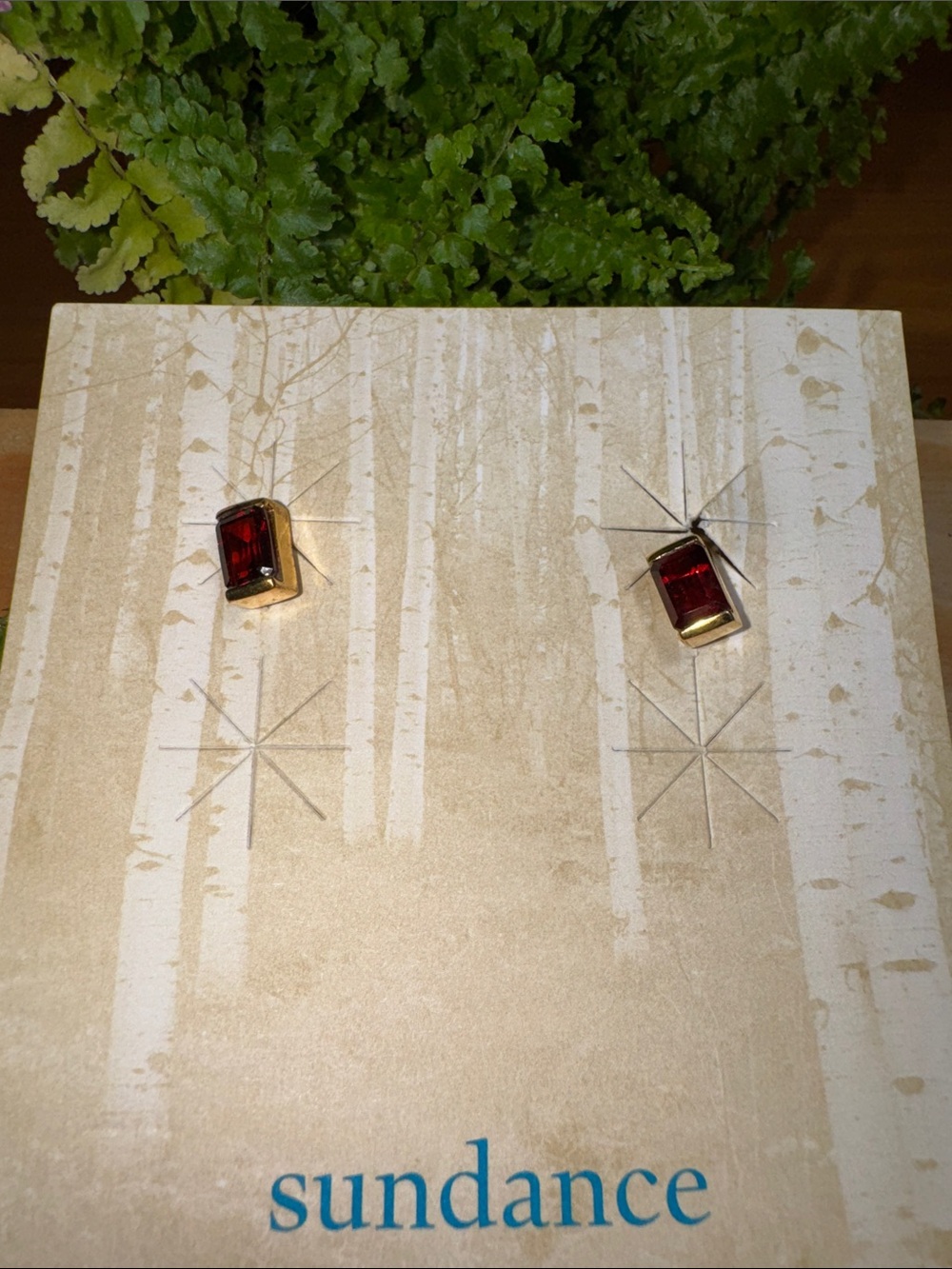 Sundance Gold-Tone Rectangular Deep Red Stud Earrings
